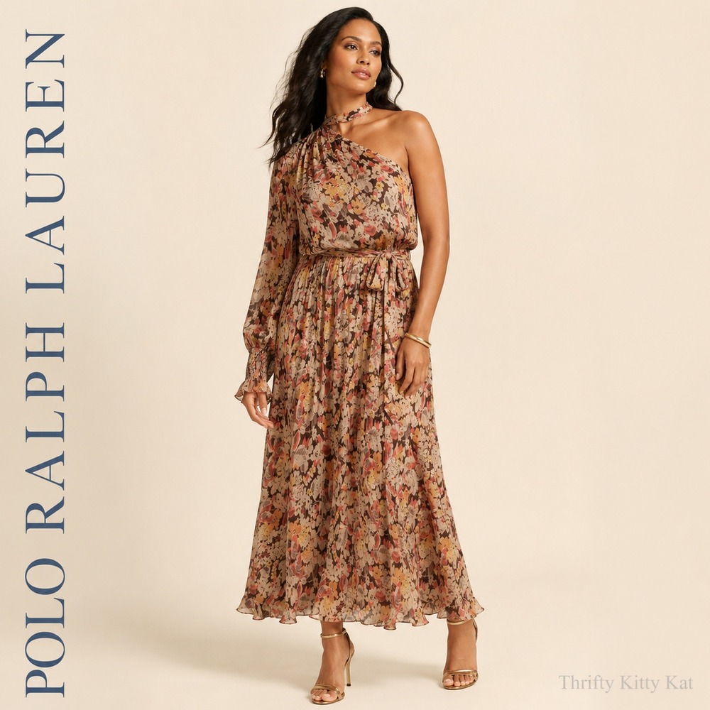 Polo Ralph Lauren One Shoulder Floral Maxi Dress Asymmetric Sleeve Viscose 12